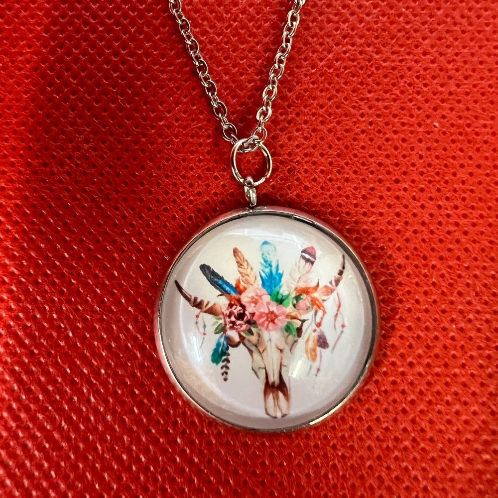 Southwestern Steer Head with Flowers and Feathers Silver Tone Pendant Necklace